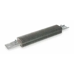 Finned strip heater for forced-convection applications such as ovens, drying cabinets, and air-handling ducts. Rated 900W at 240V AC single-phase, 45 W/sq in watt density, 12in overall length with terminals at each end. The finned design increases surface area for efficient heat transfer to moving air or gases.