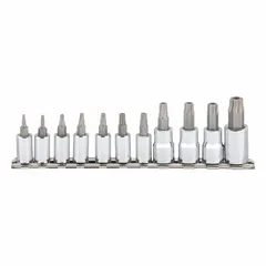 This 25-piece set includes 12 Security Torx bits from T7 to T55, stored in a replaceable insert. Designed for use with 1/4 in and 3/8 in drive tools, it is suited for driving Torx fasteners in automotive, industrial, and mechanical applications.