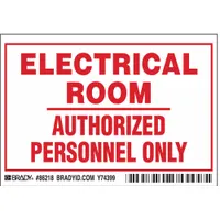 Polyester adhesive signs for restricting access to electrical rooms. Each sign measures 3 1/2 x 5 in with 0.01 in thickness. Non-retroreflective, non-glowing. Suitable for indoor use on clean, dry surfaces to indicate authorized personnel only