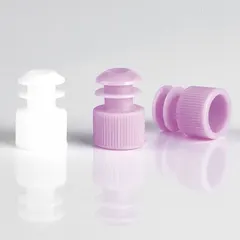 This 12 mm diameter flange plug cap is made of red polyethylene and is unlined. It is non-vented and does not include septa. Used for sealing laboratory vials and test tubes in general-purpose capping applications.