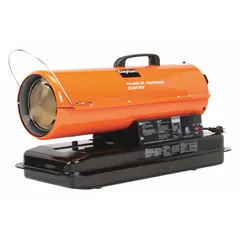 This direct-fired torpedo heater is handheld portable and provides up to 14 hours of operation on a 5-gallon tank. It features a built-in air pressure gauge and heats areas up to 1,000 sq ft. Typical applications include temporary heating at construction sites, workshops, warehouses, and outdoor job sites for drying, thawing, or maintaining temperatures in unheated spaces.