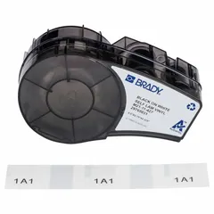 Precut vinyl wraparound label cartridge for permanent wire and cable identification. White matte finish, sized 3/4 in x 1/2 in, for wire gauges 22 AWG to 16 AWG. Compatible with M210-LAB printer series and requires R4300 ribbon. Used in industrial control panels and electrical installations.