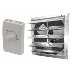 Gable-mount attic exhaust fan with standard-efficiency electric motor, rated 120V AC and 1.3 A. Delivers up to 1,785 cfm airflow for attics up to 2,300 sq ft. Includes built-in thermostat for automatic temperature control, shutter, and guard. Suitable for residential and light commercial attic ventilation.