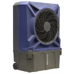 Portable evaporative cooler for spaces up to 500 sq ft. Operates on 115V AC with a 5-15P plug, delivering 1,300 cfm of airflow. Suitable for use in workshops, garages, or outdoor areas in dry climates.