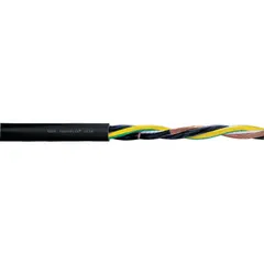 Continuous flexing power cable with 4 copper conductors (10 AWG) and a TPR jacket rated at 1000 V. Includes a ground conductor and offers notch resistance. Minimum bend radius: 4 x OD fixed, 6 x OD flexible, 7.5 x OD for e-chain. CE certified. Suitable for motor supply in automated machinery, robotics, and conveyor systems where repeated flexing occurs.