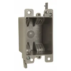 Thermoplastic cut-in box for installing switches or receptacles in existing walls or ceilings. Square shape, single-gang, with flush bracket and NMSC clamp for nonmetallic sheathed cable. Suitable for retrofit applications in drywall.