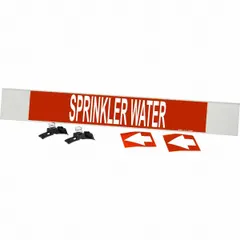 Red fiberglass carrier-mounted pipe marker with white legend reading 'Sprinkler Water' and directional arrows. Designed for pipes with outer diameter of 8 inches and larger. Secured with strapping for permanent identification of sprinkler water piping systems in industrial and commercial facilities.