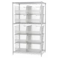 This one-sided steel shelving unit includes ten clear polymer open-front giant hopper bins. Each bin measures 11 in x 16-1/2 in x 23-7/8 in. The silver steel frame supports the bins for organizing and storing small to medium parts in industrial environments.