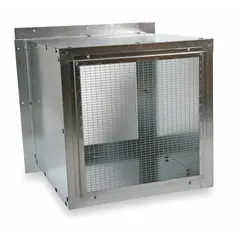 Steel wall housing designed for wall-mount ventilation fans with a 20-inch blade diameter. Constructed from 18-gauge steel with dimensions of 25 5/8 x 25 5/8 inches. Includes four mounting angles for installation. Suitable for use in exhaust and supply air applications in industrial or commercial settings.