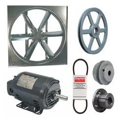 Unassembled belt-drive panel supply fan with a 36-inch blade and open dripproof motor. Delivers 15,253 cfm at 1 hp, 3-phase, with nameplate voltage 208-230/460V AC. Suitable for general ventilation and air supply in industrial and commercial facilities such as warehouses, factories, and large workshops.