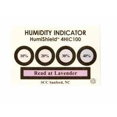 Blotter paper indicator card impregnated with cobaltous chloride. Four color-change dots respond at 10%, 20%, 30%, and 40% relative humidity. Used inside sealed packaging, enclosures, or containers to monitor moisture levels and alert to potential corrosion or component damage.