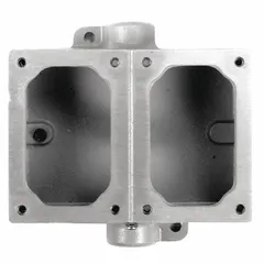 This 2-gang hazardous location electrical box is constructed of iron with a feed-through hub type. It features a 3/4-inch hub size and an overall height of 6 13/16 inches. Suitable for mounting and protecting wiring connections in environments where flammable gases or dust may be present.