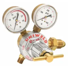 Single stage regulator for acetylene service. Reduces cylinder pressure to a consistent 15 psig working pressure. Features CGA 510 inlet and 9/16"-18 M LH outlet. Neoprene diaphragm. Used in cutting, welding, and heating applications.