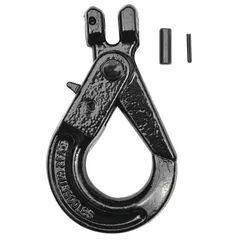 This slip hook is designed for general lifting and rigging applications, such as attaching loads to chains or cables. It features a clevis mounting type, steel construction with 9/32 in material thickness, and a black finish. The hook is Grade 80 and has no visual indicator markings.