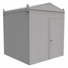 This assembled outdoor equipment enclosure provides 512 cu ft of secure storage for industrial machinery, pumps, controls, or HVAC equipment. Measuring 96 in x 96 in x 110 in with a gray finish, it includes four permanent lifting lugs for crane handling. Suitable for protecting equipment in heavy plant environments.