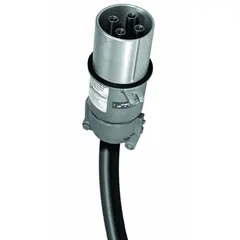 This reverse service watertight plug is rated 600V AC, three-phase, 200 A, with 4 poles and 4 wires. It is designed for high-power industrial connections in demanding environments, such as heavy machinery, portable generators, and temporary power distribution.