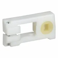 This white, unfinished pivot lock shoe is a jamb-mounted window balance accessory for tilt windows. It is non-handed and does not include a handle. Used to secure the sash while allowing tilting for cleaning or maintenance