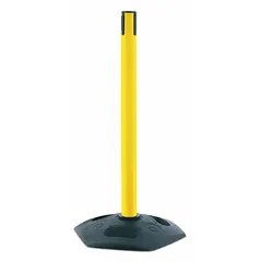 This receiver post is designed for use with retractable belt barriers to create queue lanes or crowd control barriers. The yellow plastic post stands 38 inches tall and features a sloped rubber base that accommodates angled surfaces such as ramps or uneven floors. Suitable for pedestrian traffic management in public spaces.