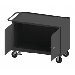This fully assembled steel mobile cabinet bench features a single compartment and a side handle for mobility. With an overall load capacity of 3,600 lb, it is suited for industrial storage and work surface applications in workshops and warehouses.