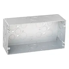 Steel multigang rectangular electrical box for 3 gangs. No bracket and no clamps. Used for housing and protecting electrical connections in dry indoor locations, accommodating multiple switches or receptacles in a single enclosure.