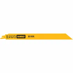Bi-metal reciprocating saw blade, 12 in length, 1 in thickness, with 14 teeth per inch for straight cuts in thin metal. Suitable for cutting sheet metal, pipes, and profiles in fabrication and maintenance tasks. Supplied in a 5-pack.