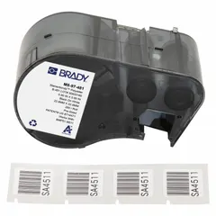 Precut label roll cartridge for the M510 printer series. Features autoclavable polyester material with black-on-white printing. Each label measures 29/32 in x 29/32 in. Suitable for applications requiring sterilization-resistant identification.