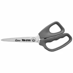 Offset plastic-handle scissors with straight, pointed stainless steel blades. Overall length 8 inches. Grey handle. Suitable for cutting fabrics, paper, and light materials in industrial, textile, and packaging settings.