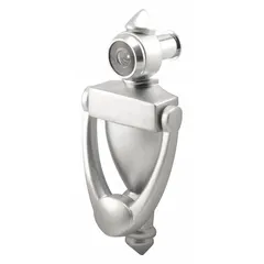 This combination unit integrates a door knocker and a door viewer in a single nickel-finished assembly. The viewer provides a 180° field of vision, allowing identification of visitors before opening the door. Suitable for residential or light-commercial entry doors, it combines security and convenience in one installation.