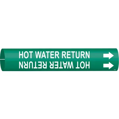 BRADY Pipe Marker: Hot Water Return, Green, White, Fits 2 1/2 to 3 7/8 in Pipe O.D. - Hot Water Return Snap-On Pipe Markers