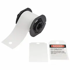 Pre-cut polyester danger tags on a roll, 5 3/4 in x 3 1/4 in, white, 100 tags per roll. Designed for indoor/outdoor use with the S3700 printer series and B30-R10000 ribbon. Used for industrial safety labeling to warn personnel of hazards.