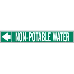 Green adhesive pipe marker with white legend reading 'Non-Potable Water' and directional arrows. Designed for pipe outer diameters of 1-1/2 to 2 inches. Pack of 25 markers for identifying non-potable water lines in piping systems.