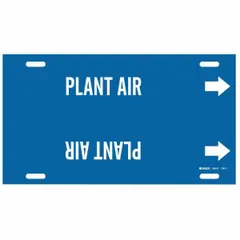Blue snap-on pipe marker with white 'Plant Air' legend and directional arrows. Fits pipe outer diameters from 8 to 9-7/8 inches. Used to identify compressed air lines in industrial piping systems.