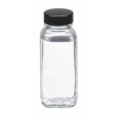 Rectangular glass lab bottle with 125 mL capacity and 33-400 mm screw closure size. Colorless, clear body for content visibility. Not graduated; supplied without closure. Suitable for general laboratory storage, mixing, and sampling of liquids and powders.