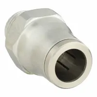 This stainless steel push-to-connect adapter fitting connects 8 mm OD tubing to a 1/8"-27 MBSPT threaded port. The silver finish resists corrosion. It enables tool-free, secure connections in pneumatic and fluid systems for applications such as industrial automation, instrumentation, and control panels