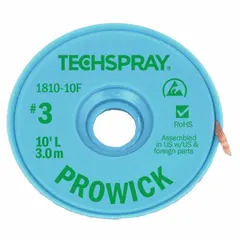 This green desoldering braid is pre-fluxed with rosin for efficient solder removal during electronics rework and repair. Size #3, 0.075 inches wide, 10 feet length. ESD-safe construction suitable for sensitive environments.