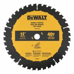 This 12-inch diameter circular saw blade is designed for framing applications in softwood. It features 40 teeth and a 0.1-inch cut width, with a 1-inch arbor size for compatibility with standard saws.