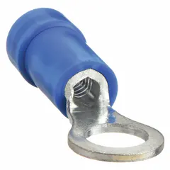 Vinyl-insulated ring terminal rated for 600 V. Accommodates 16 AWG to 14 AWG wire and fits a 1/4 in stud. Used for terminating wires in electrical panels, distribution systems, and grounding applications requiring a secure connection.