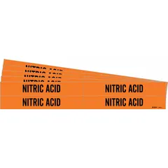 These adhesive pipe markers identify pipes carrying nitric acid. The orange background with black legend text provides clear hazard communication. Each marker fits pipe outer diameters from 3/4 to 2-3/8 inches. Sold in a pack of 4 markers, with 5 packs per order. Markers are without arrows.