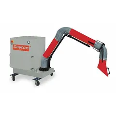 This single-arm mobile welding fume extractor captures and filters airborne welding fumes, smoke, and particulates at the source. It features a 1,000 cfm airflow capacity, an 8 ft articulated arm, and a MERV 17 filter. Operates on 120V nominal input voltage. Suitable for use in industrial fabrication shops, manufacturing facilities, and maintenance workshops.