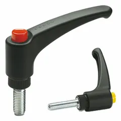 This teardrop-style adjustable handle features a plastic body with a steel threaded stud and a blue push-button cap. The 3/8"-16 thread and 0.625 in thread length allow manual clamping and positioning on machinery, jigs, and fixtures. The push-button mechanism enables quick release and adjustment.