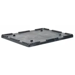 Plastic lid designed as a cover for BUCKHORN model BF4229 bulk containers. Measures 42 1/2 inches by 29 3/4 inches and is black in color. Used to enclose bulk containers for storage and transport of industrial materials, protecting contents from dust and debris in warehouse and manufacturing environments.