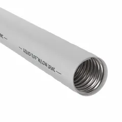 This liquid-tight flexible metal conduit is designed for extreme temperature environments, providing protection for electrical wiring in industrial settings where standard conduits may fail. It offers flexibility for routing around obstacles and a liquid-tight seal. The conduit is gray with a nominal length of 25 ft and a trade size of 2 1/2 in.