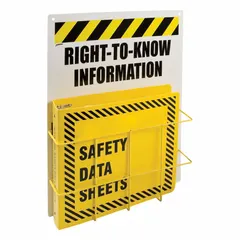 Wall-mount safety station for organizing right-to-understand information such as GHS labels and safety data sheets. Overall height 20 inches. Mounting hardware not included. Suitable for industrial facilities requiring workplace regulatory compliance.
