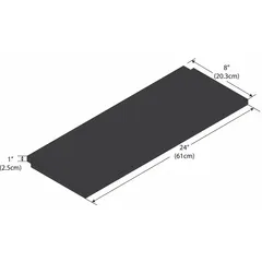 Phenolic shelf component with a black finish and 11 gauge construction. Overall dimensions: 8 in width, 24 in length, 1 in height. Used in laboratory settings for organizing and storing equipment, glassware, or samples.