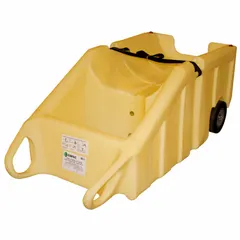 Polyethylene drum dispensing truck with 70 gal spill capacity and 600 lb load capacity. Includes 10 in solid rubber wheels and double loop straps for secure drum handling. Used for transporting and dispensing 55-gallon drums in industrial settings, providing spill containment during fluid transfer.