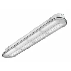 This LED linear fixture delivers 4,000 lumens at 4000K with 80 CRI, consuming 33 watts. It operates on 120 to 277V AC and features a white housing. Designed for parking garages, covered walkways, and building overhangs, it provides bright, energy-efficient illumination for commercial and industrial outdoor covered areas.