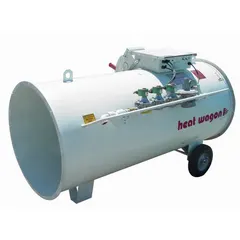 This direct-fired portable gas torpedo heater delivers 3,500,000 BtuH heating capacity output on natural gas. It includes a fuel gauge and measures 44 in x 41 in x 73 in overall. Suitable for temporary or permanent heating of large industrial spaces such as construction sites, warehouses, and event tents.