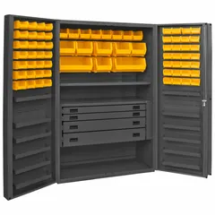 This standard bin cabinet provides organized storage for small parts, tools, and hardware in industrial settings. It includes 72 yellow deep-box bins, 13 shelves, and two 16x15x7 in drawers. The cabinet features a 14 ga steel panel and a powder-coated yellow and gray finish. It is shipped fully assembled.