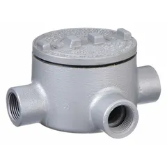 Aluminum conduit outlet body with powder-coated finish, threaded hub, and round back. Includes cover and O-ring. Rated for hazardous locations. For use with threaded IMC. UL 886 listed.