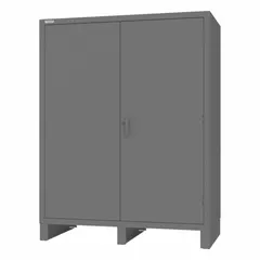 Welded steel cabinet with gray powder-coated finish, four adjustable shelves, recessed swing handle with padlockable security, and stationary legs. Suitable for secure storage of tools, parts, and equipment in warehouses, factories, and workshops.